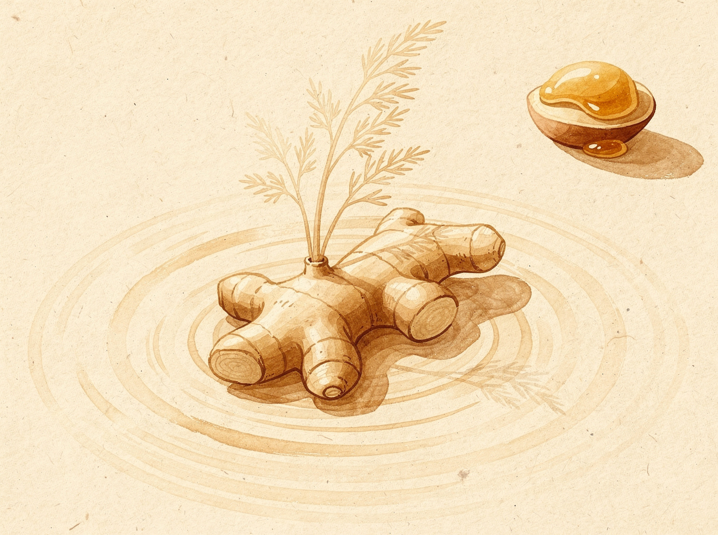 Botanical illustration of a single ginger root with calm concentric ripple lines — the visual sense of GI nausea settling.