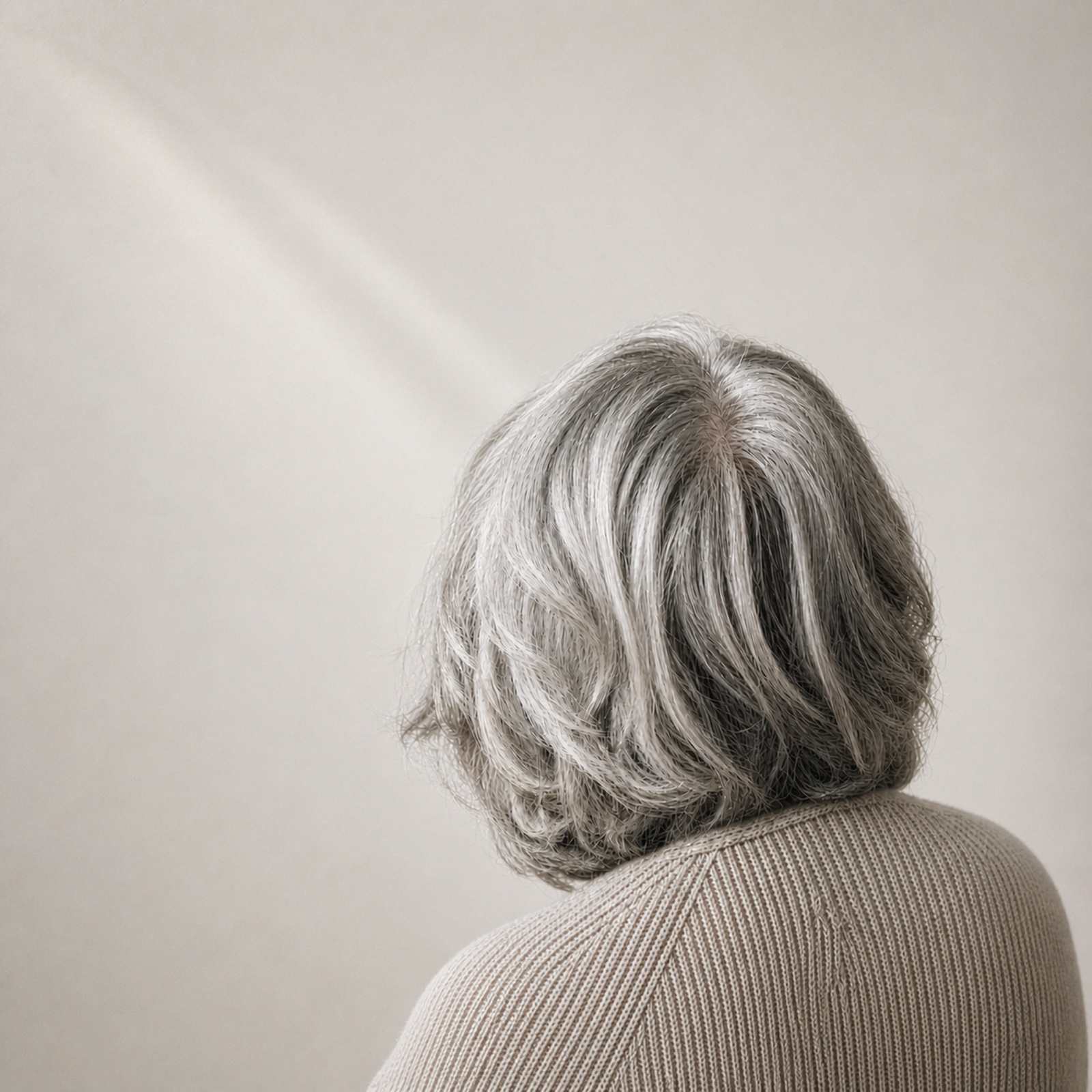 A woman with silver hair seen from behind