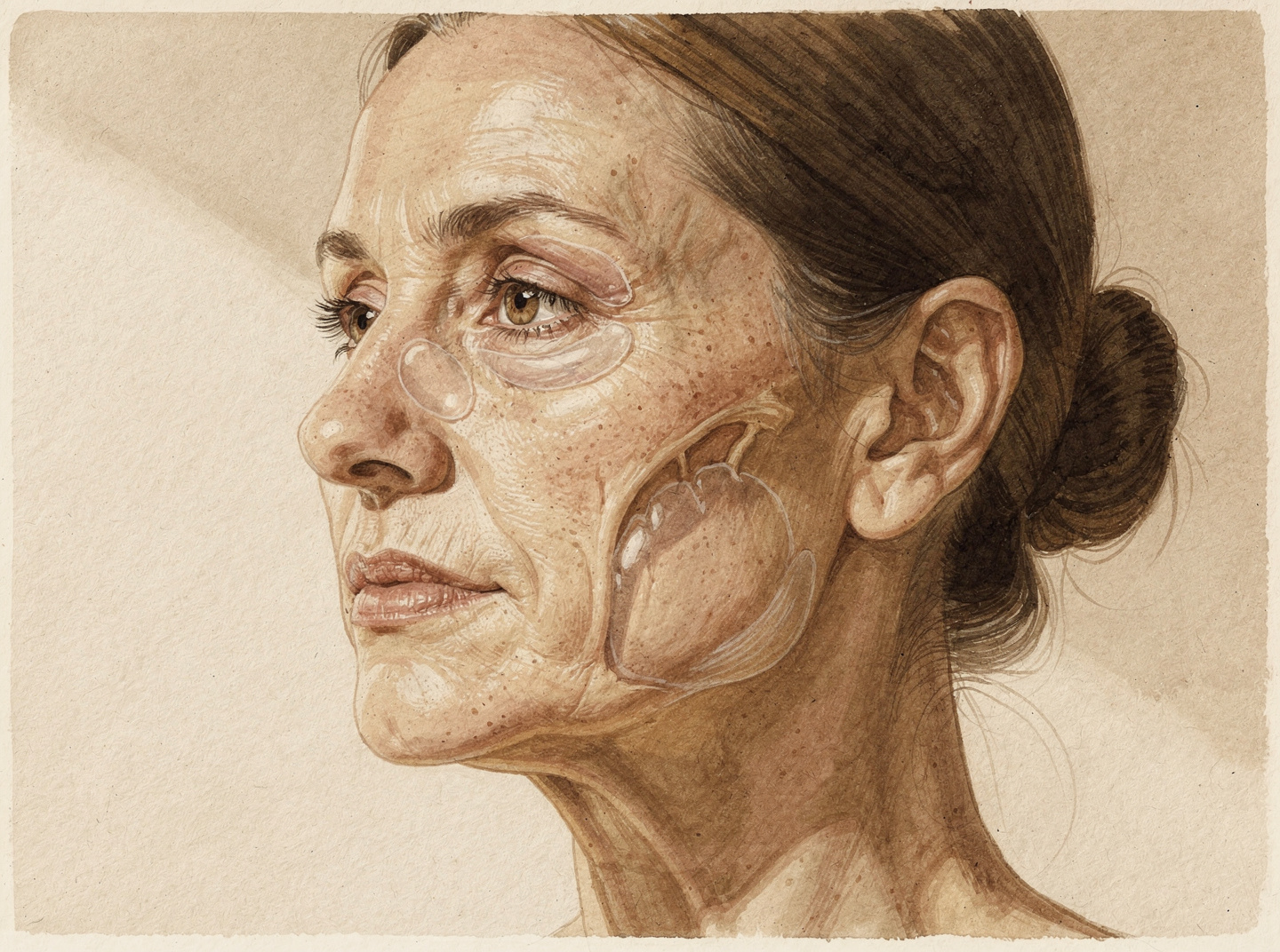 Anatomical cross-section of facial fat compartments — depleted, hollowed mid-face after rapid GLP-1 weight loss.