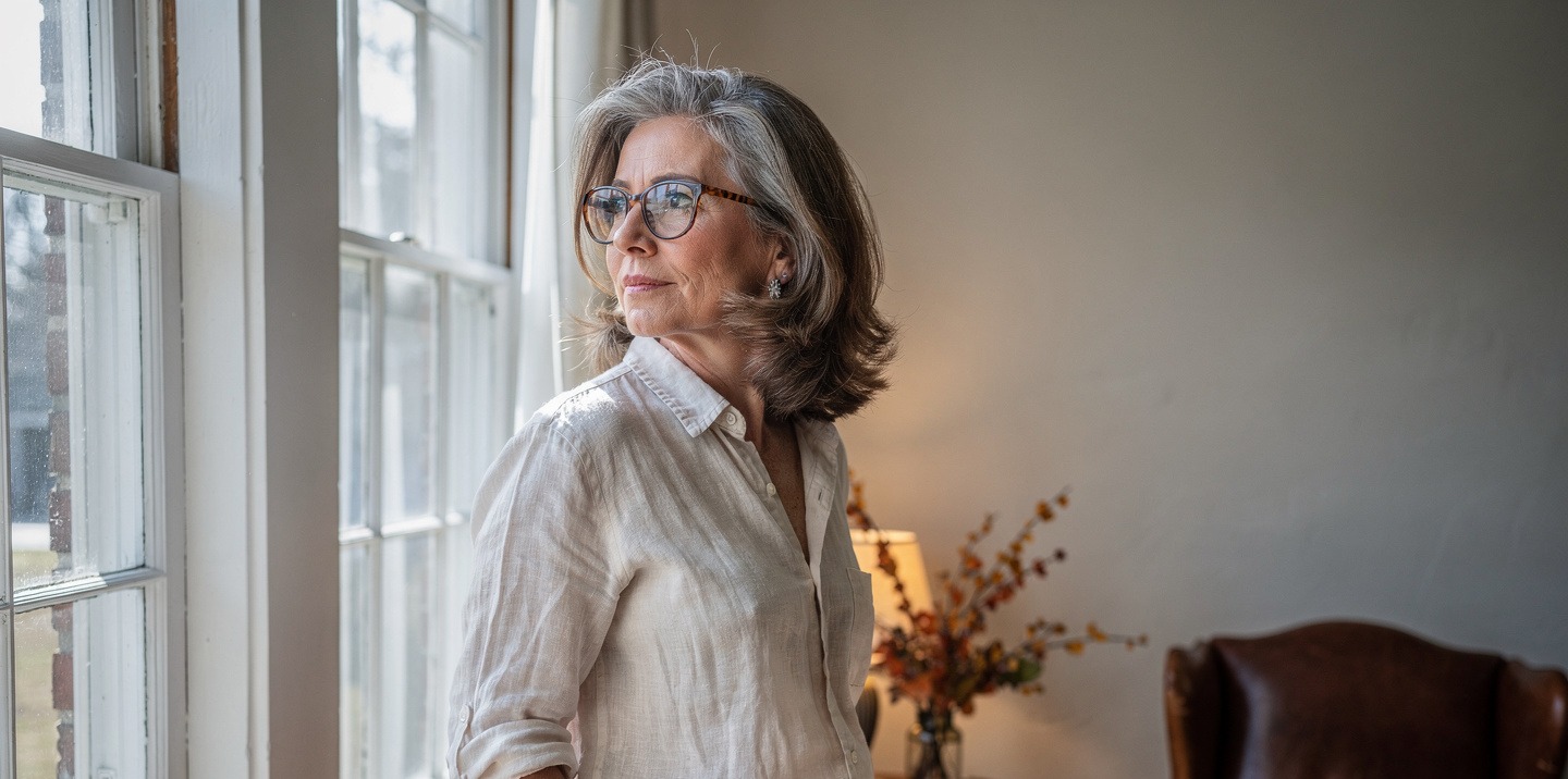 A woman in her late fifties, silver-streaked brunette hair, tortoise-shell glasses, cream linen shirt, standing at a sash window in warm late-morning light.