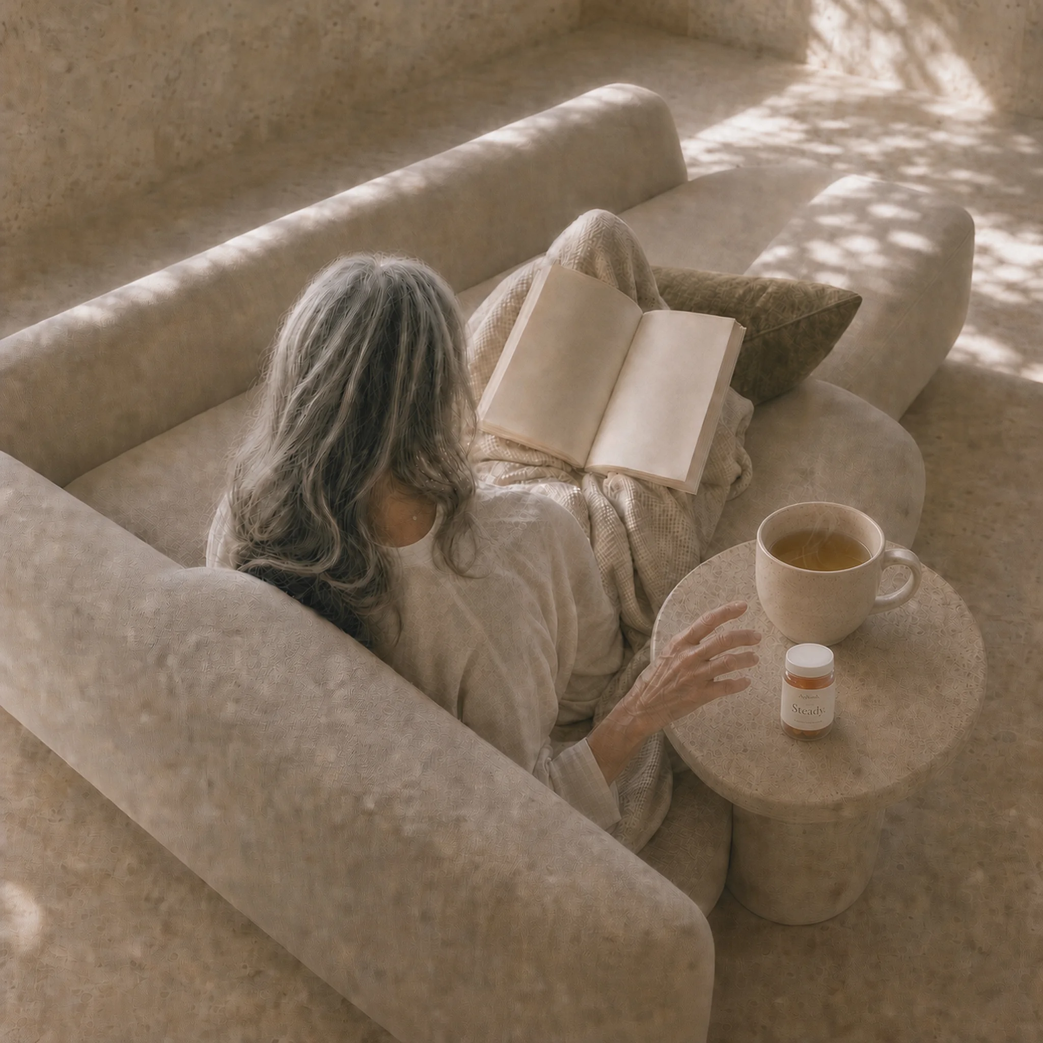 A woman resting with APLOMB Steady gummies and tea