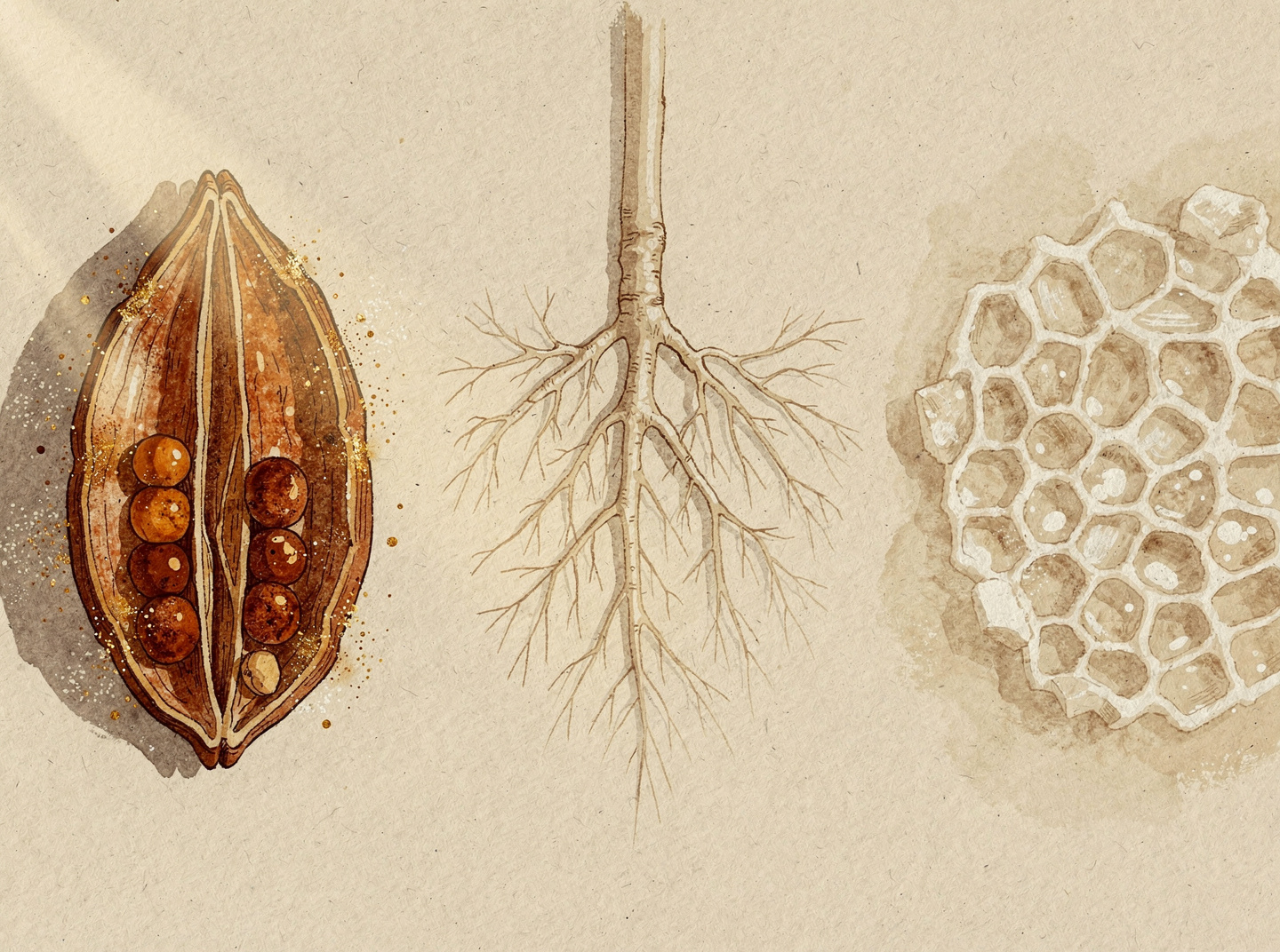 Botanical illustration triptych: an iron-rich seed pod, a branching root system, and a honeycomb mineral lattice — depicting the building blocks the body draws down on a GLP-1.