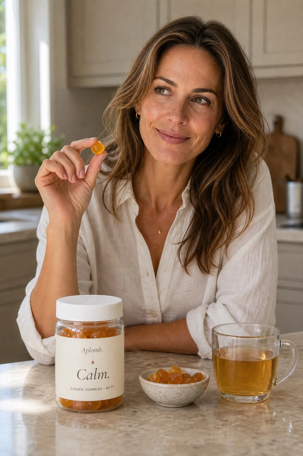 A woman holding one APLOMB Steady gummy at her kitchen counter