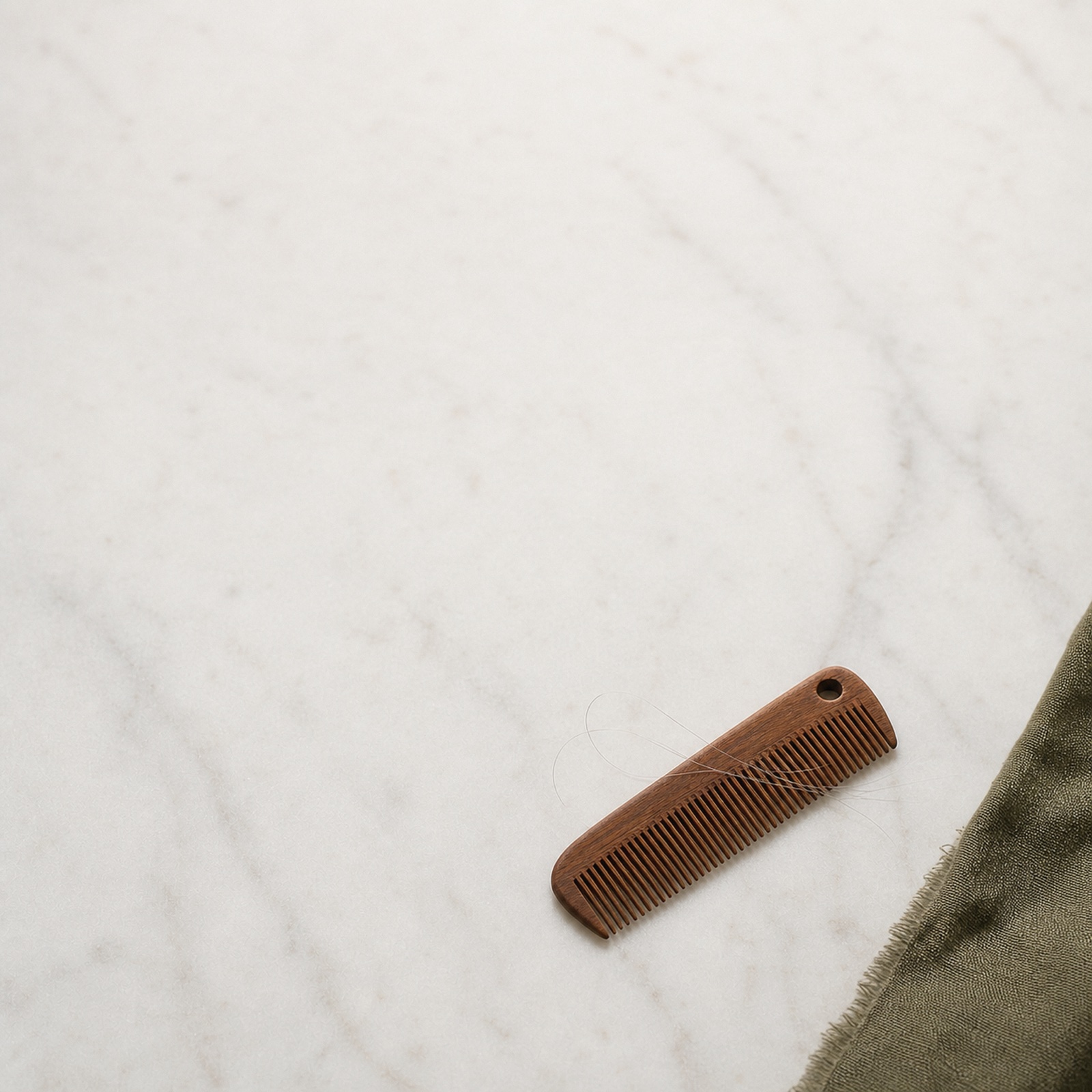 A wooden comb on marble with a few loose strands of hair