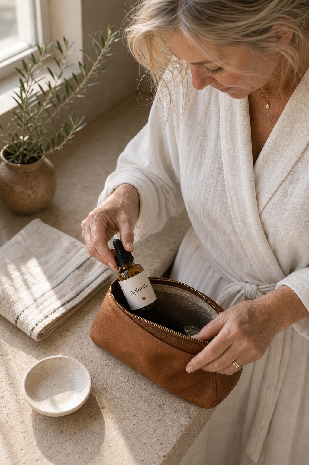 A woman tucking APLOMB Facial Serum into her toiletry pouch