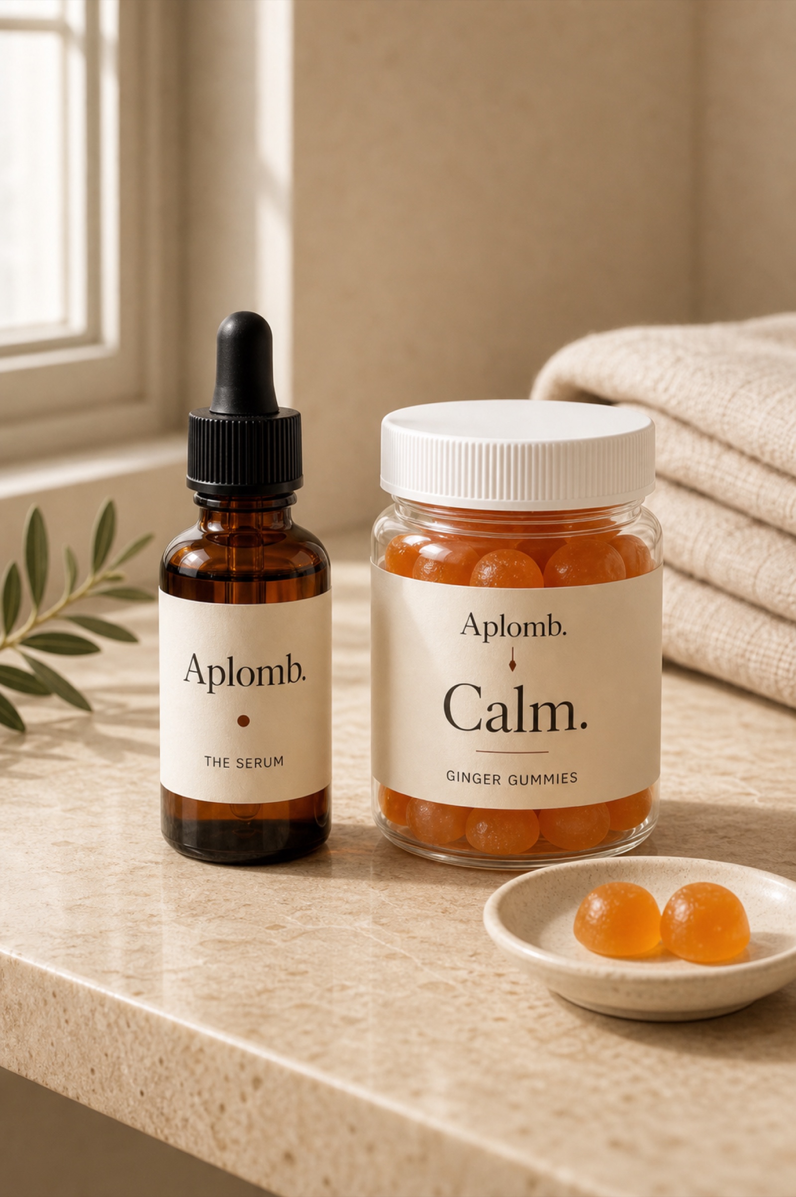 APLOMB Facial Serum next to a jar of Steady ginger gummies on a bathroom counter