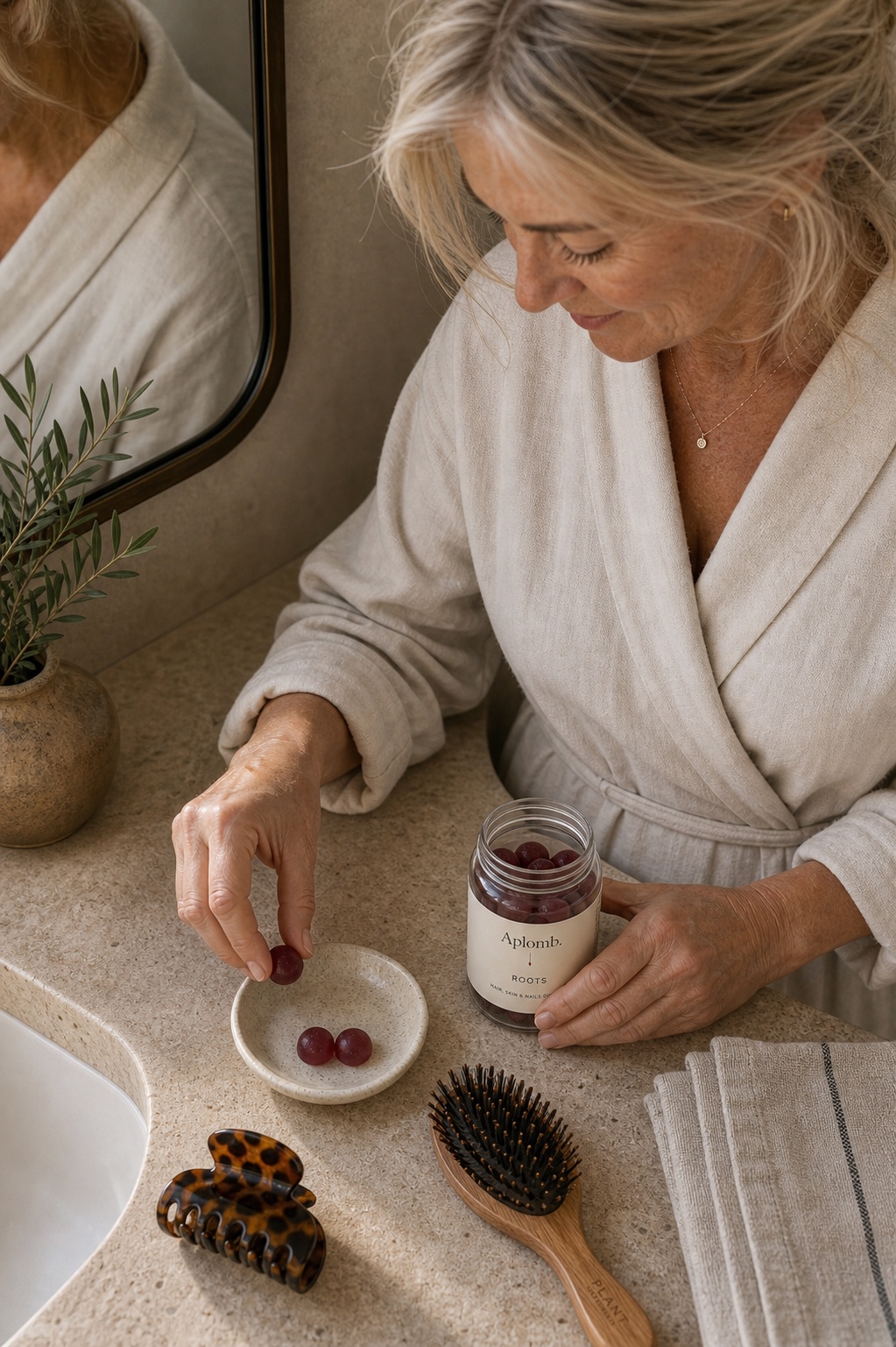 A woman taking her APLOMB Roots gummies at her vanity