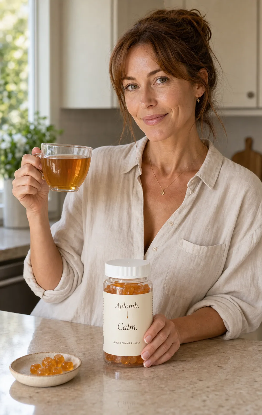 A woman with a cup of ginger tea and a jar of APLOMB Calm gummies.