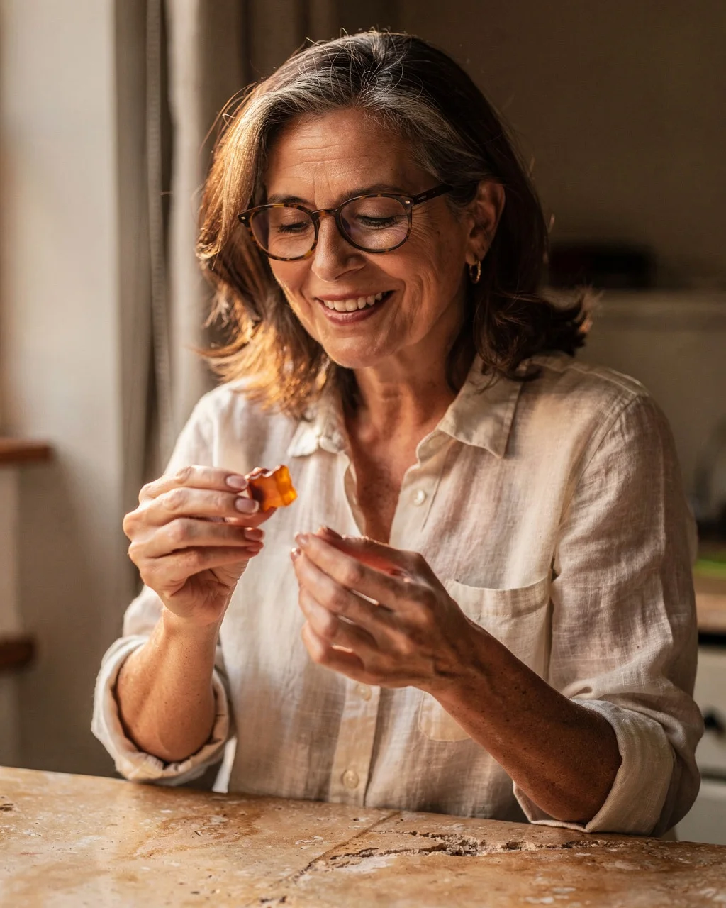 A woman in her fifties holding an APLOMB Calm ginger gummy in a warm kitchen.