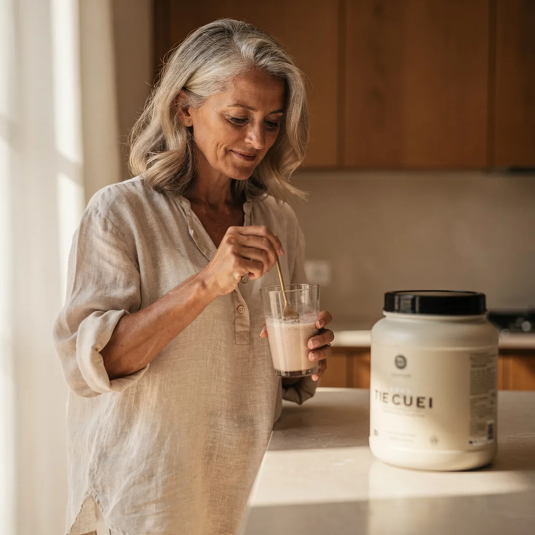 A woman in her fifties mixing an APLOMB Protein scoop into a glass in a bright kitchen.
