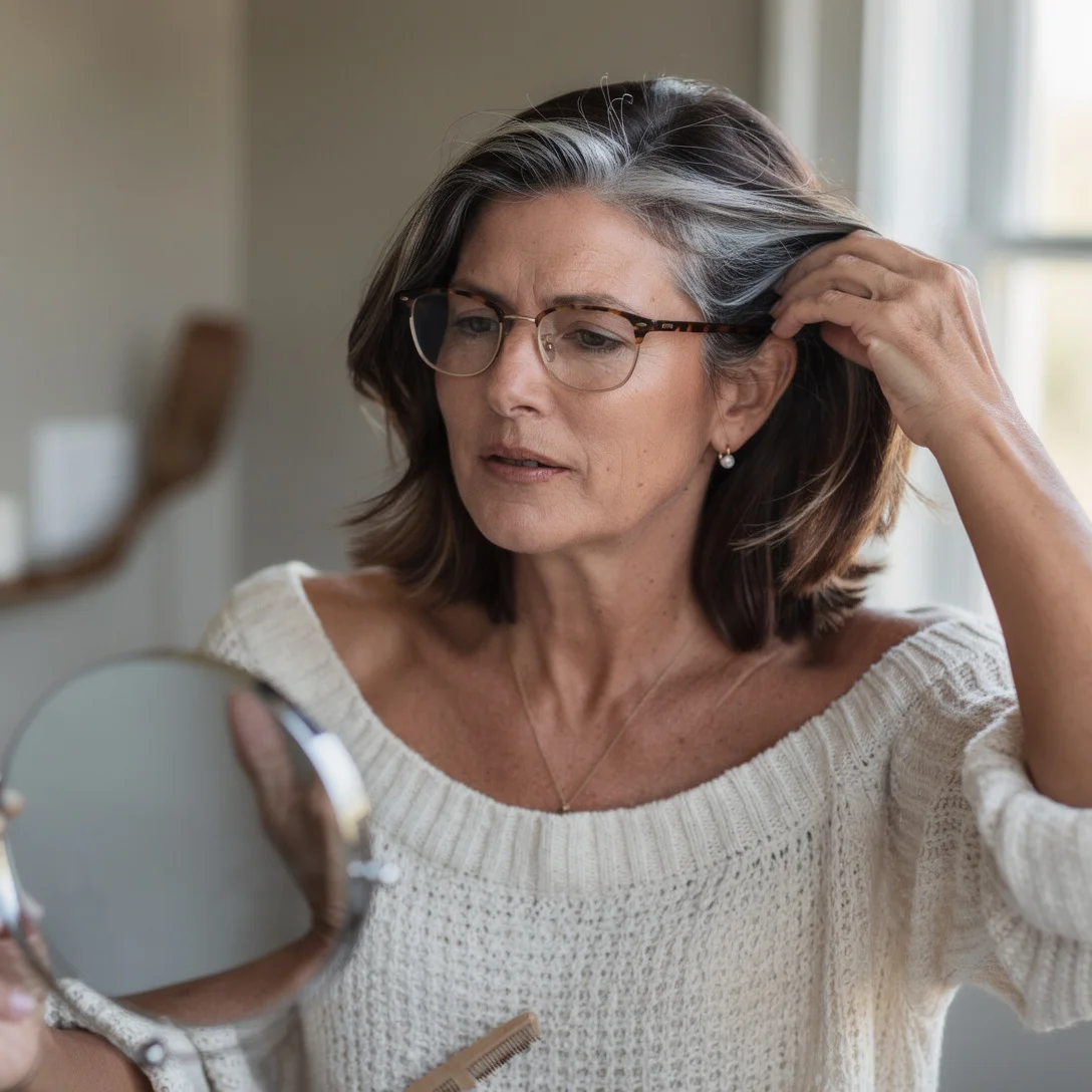 A woman in her fifties checking her hairline in a hand mirror.
