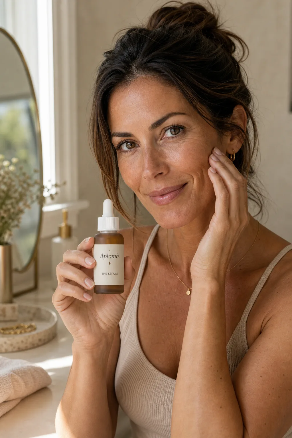 A woman holding the APLOMB Facial Serum at her vanity in warm light.