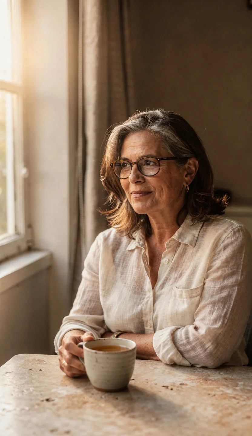 A woman in her fifties with a cup of tea at a sunlit window.