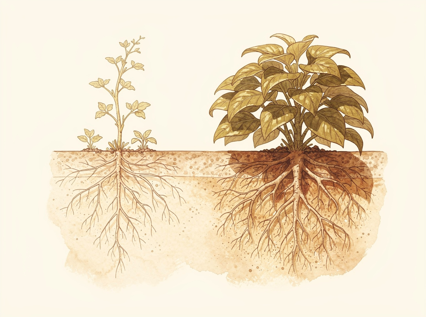 Botanical comparison illustration: a sparse spindly plant with thin roots beside a dense, leafed plant with a robust root system — the visual metaphor for hair-follicle density before and after support.