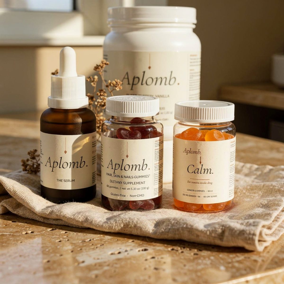 The APLOMB companion system: facial serum, plant protein, hair gummies, and Calm ginger gummies